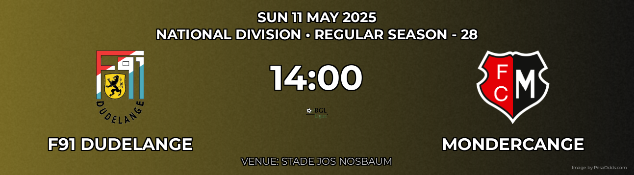 F91 Dudelange vs Mondercange Prediction match poster for National Division fixture on SUN 11 MAY 2025