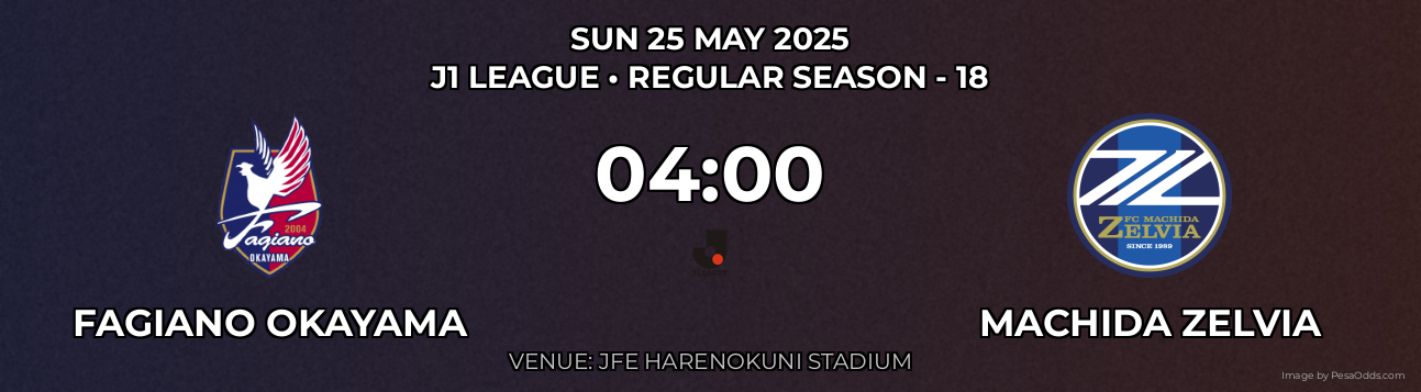 Fagiano Okayama vs Machida Zelvia Prediction match poster for J1 League fixture on SUN 25 MAY 2025