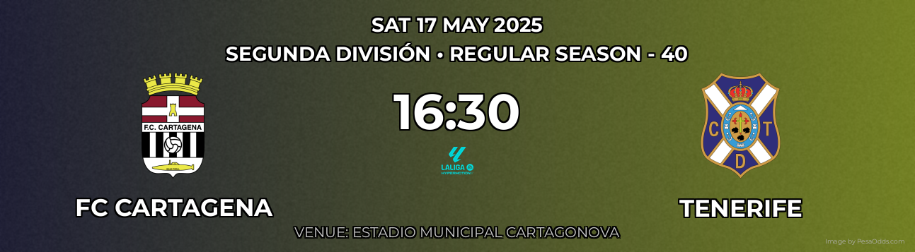 FC Cartagena vs Tenerife Prediction match poster for Segunda División fixture on SAT 17 MAY 2025