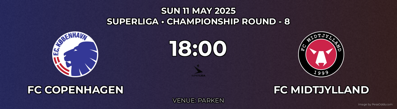 FC Copenhagen vs FC Midtjylland Prediction match poster for Superliga fixture on SUN 11 MAY 2025