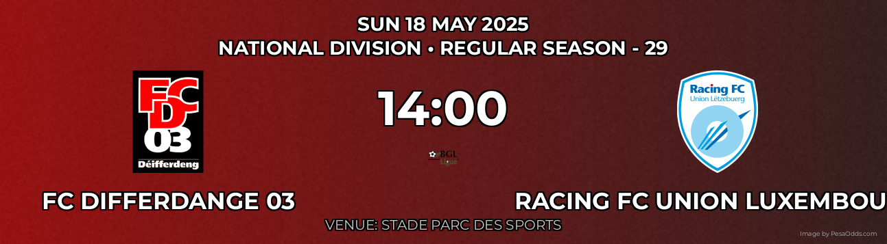 FC Differdange 03 vs Racing FC Union Luxembourg Prediction match poster for National Division fixture on SUN 18 MAY 2025