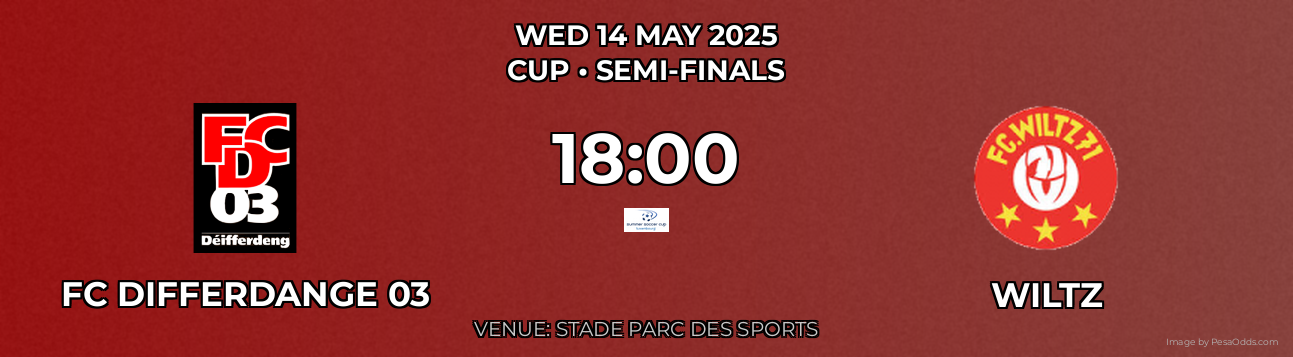 FC Differdange 03 vs Wiltz Prediction match poster for Cup fixture on WED 14 MAY 2025