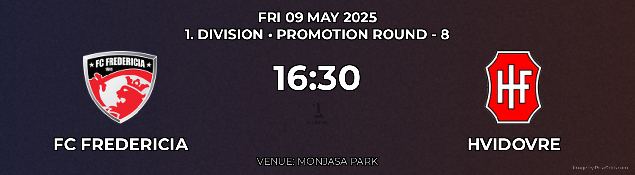 FC Fredericia vs Hvidovre Prediction match poster for 1. Division fixture on FRI 09 MAY 2025