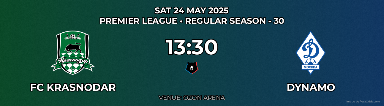 FC Krasnodar vs Dynamo Prediction match poster for Premier League fixture on SAT 24 MAY 2025