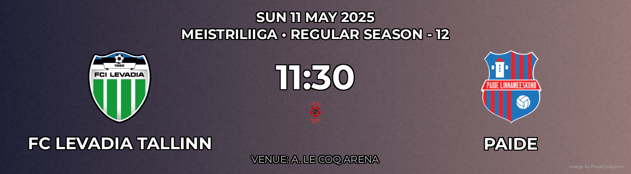FC Levadia Tallinn vs Paide Prediction match poster for Meistriliiga fixture on SUN 11 MAY 2025