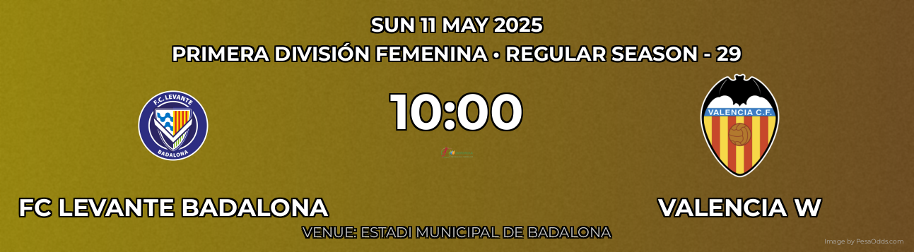 FC Levante Badalona vs Valencia W Prediction match poster for Primera División Femenina fixture on SUN 11 MAY 2025