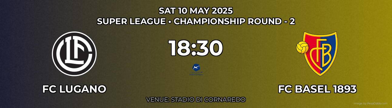 FC Lugano vs FC Basel 1893 Prediction match poster for Super League fixture on SAT 10 MAY 2025