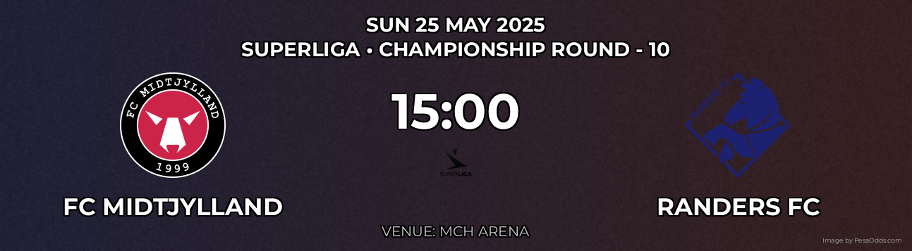 FC Midtjylland vs Randers FC Prediction match poster for Superliga fixture on SUN 25 MAY 2025