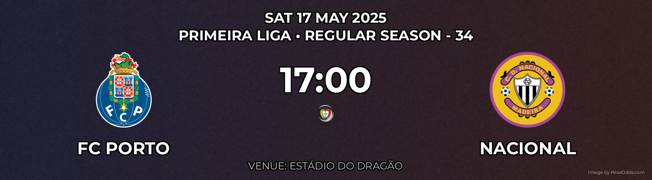 FC Porto vs Nacional Prediction match poster for Primeira Liga fixture on SAT 17 MAY 2025