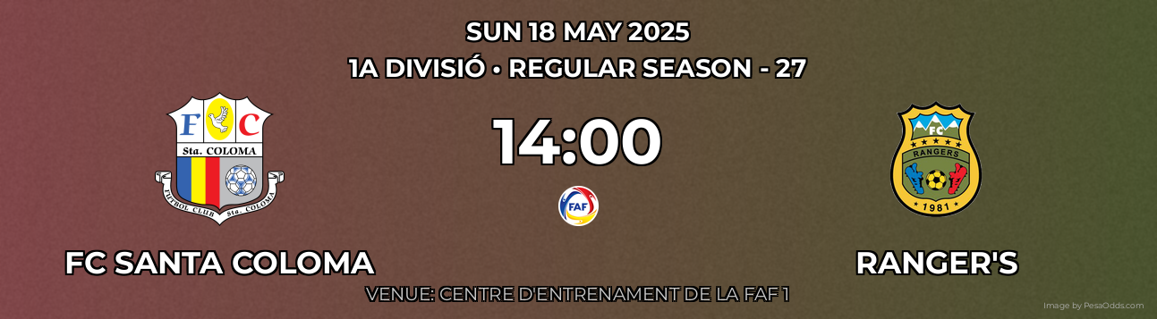 FC Santa Coloma vs Ranger's Prediction match poster for 1a Divisió fixture on SUN 18 MAY 2025