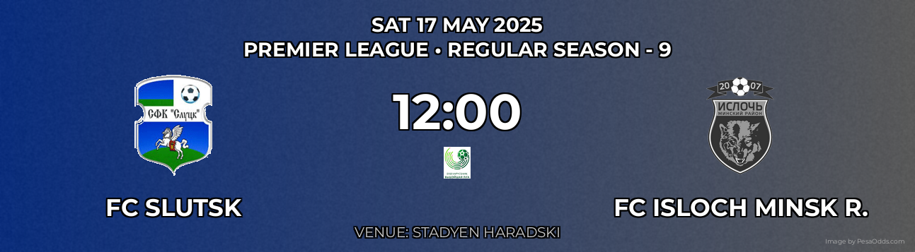 FC Slutsk vs FC Isloch Minsk R. Prediction match poster for Premier League fixture on SAT 17 MAY 2025