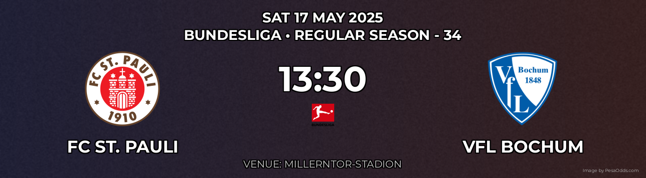 FC St. Pauli vs VfL Bochum Prediction match poster for Bundesliga fixture on SAT 17 MAY 2025