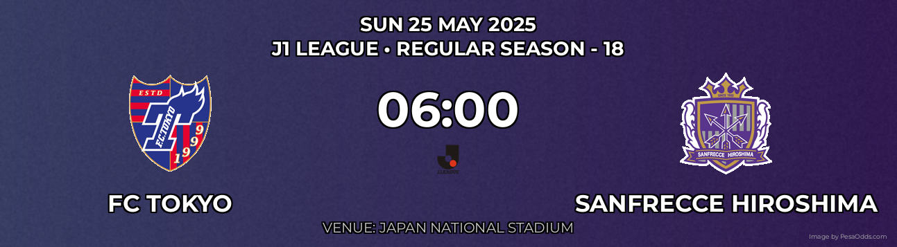 FC Tokyo vs Sanfrecce Hiroshima Prediction match poster for J1 League fixture on SUN 25 MAY 2025