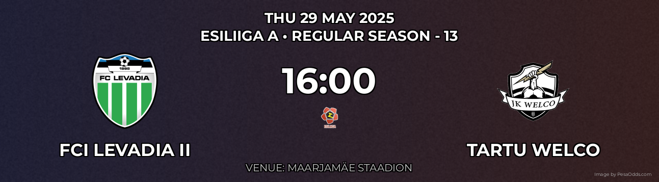 FCI Levadia II vs Tartu Welco Prediction match poster for Esiliiga A fixture on THU 29 MAY 2025