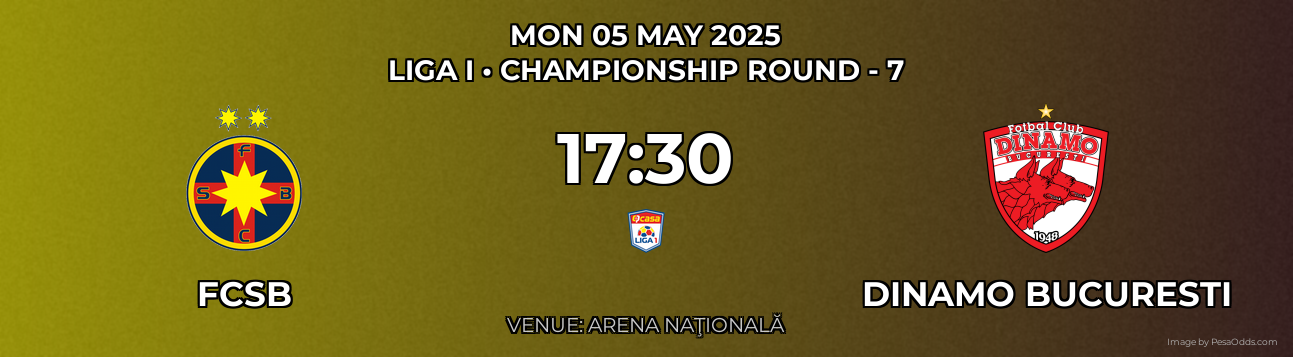 FCSB vs Dinamo Bucuresti Prediction match poster for Liga I fixture on MON 05 MAY 2025