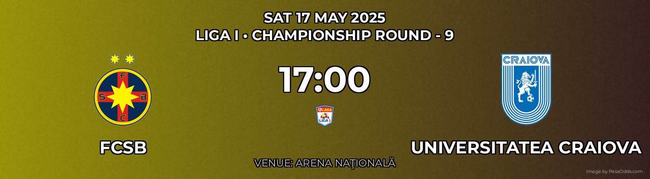 FCSB vs Universitatea Craiova Prediction match poster for Liga I fixture on SAT 17 MAY 2025