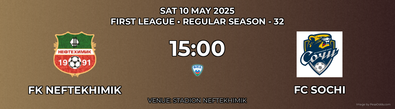 FK Neftekhimik vs FC Sochi Prediction match poster for First League fixture on SAT 10 MAY 2025