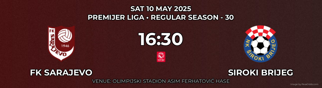 FK Sarajevo vs Siroki Brijeg Prediction match poster for Premijer Liga fixture on SAT 10 MAY 2025