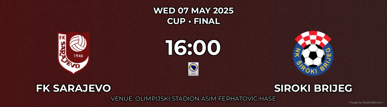 FK Sarajevo vs Siroki Brijeg Prediction match poster for Cup fixture on WED 07 MAY 2025