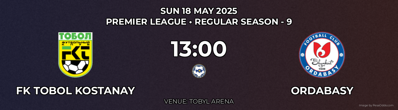 FK Tobol Kostanay vs Ordabasy Prediction match poster for Premier League fixture on SUN 18 MAY 2025