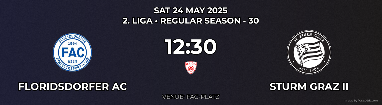 Floridsdorfer AC vs Sturm Graz II Prediction match poster for 2. Liga fixture on SAT 24 MAY 2025
