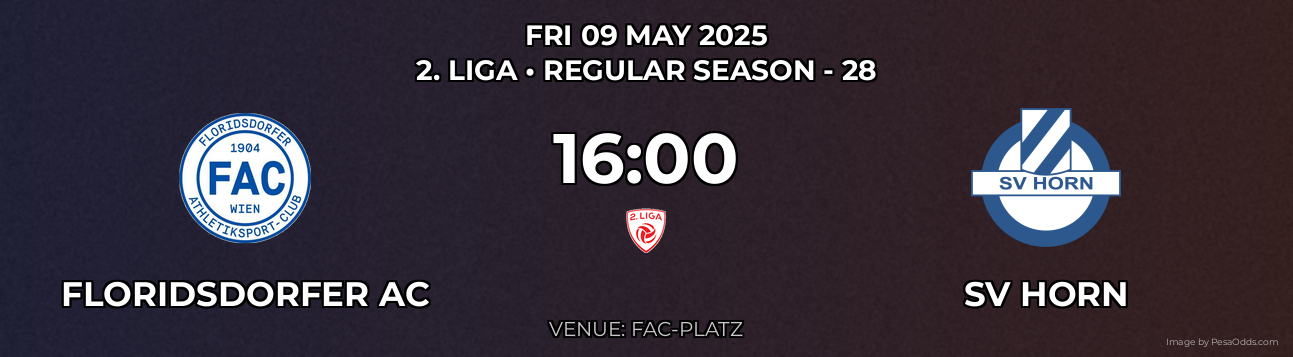 Floridsdorfer AC vs SV Horn Prediction match poster for 2. Liga fixture on FRI 09 MAY 2025