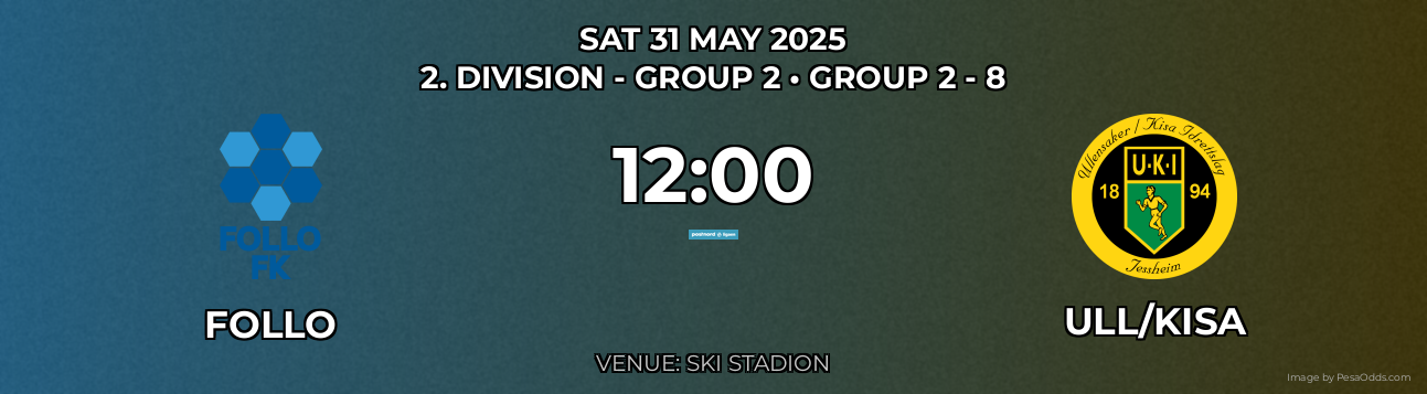 Follo vs Ull/Kisa Prediction match poster for 2. Division - Group 2 fixture on SAT 31 MAY 2025