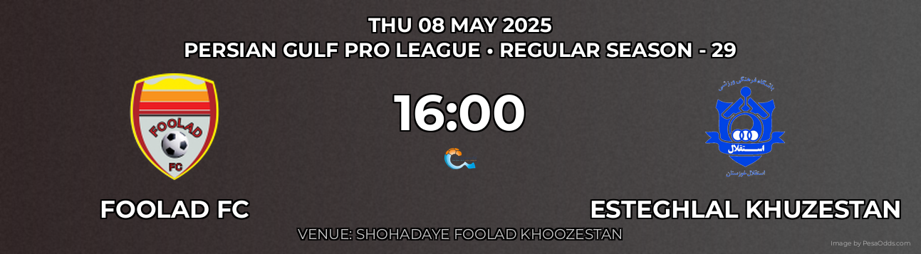 Foolad FC vs Esteghlal Khuzestan Prediction match poster for Persian Gulf Pro League fixture on THU 08 MAY 2025