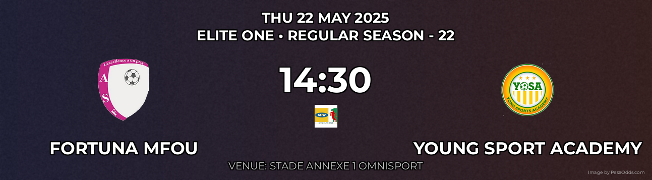 Fortuna Mfou vs Young Sport Academy Prediction match poster for Elite One fixture on THU 22 MAY 2025