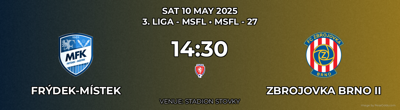Frýdek-Místek vs Zbrojovka Brno II Prediction match poster for 3. liga - MSFL fixture on SAT 10 MAY 2025