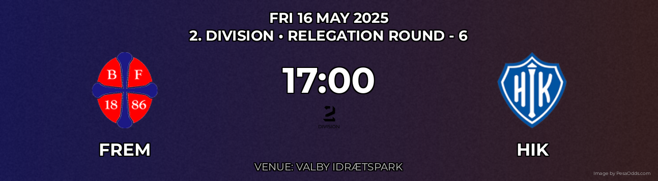 Frem vs HIK Prediction match poster for 2. Division fixture on FRI 16 MAY 2025
