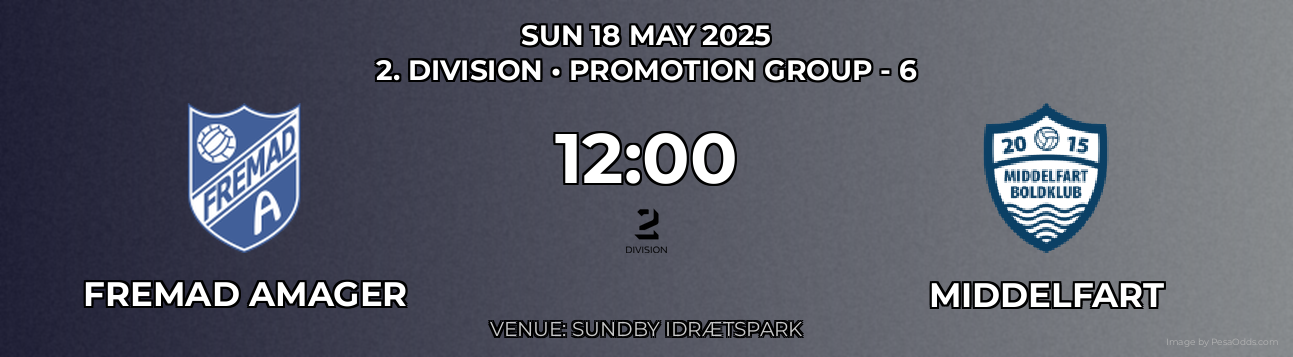 Fremad Amager vs Middelfart Prediction match poster for 2. Division fixture on SUN 18 MAY 2025