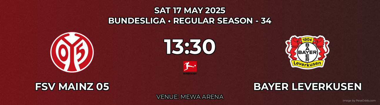 FSV Mainz 05 vs Bayer Leverkusen Prediction match poster for Bundesliga fixture on SAT 17 MAY 2025