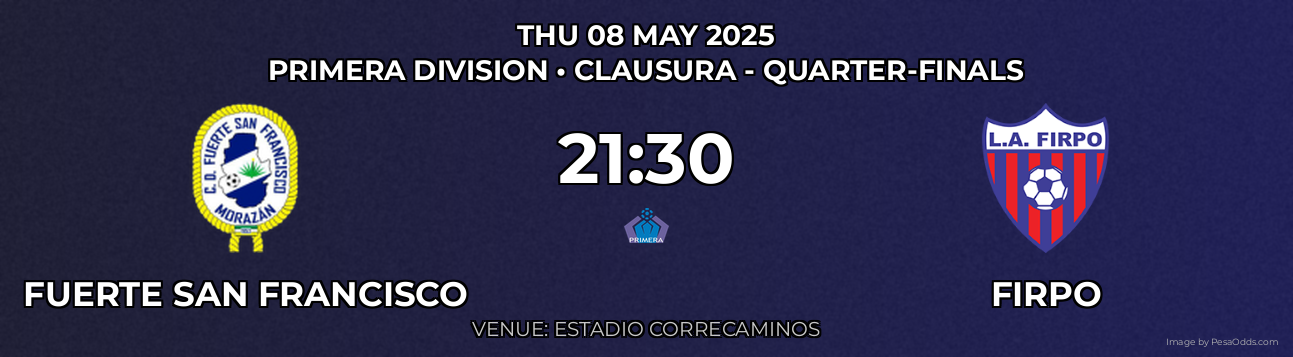 Fuerte San Francisco vs Firpo Prediction match poster for Primera Division fixture on THU 08 MAY 2025