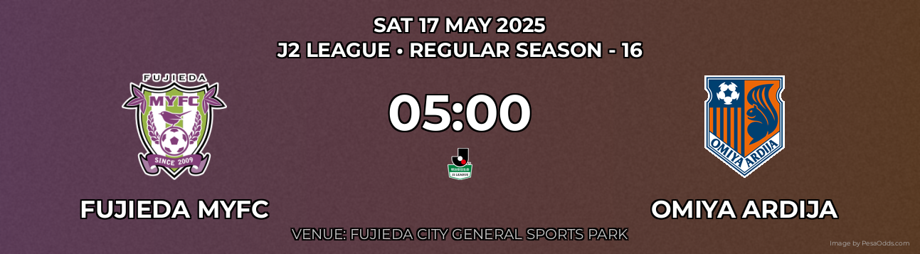 Fujieda MYFC vs Omiya Ardija Prediction match poster for J2 League fixture on SAT 17 MAY 2025