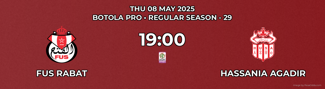 FUS Rabat vs Hassania Agadir Prediction match poster for Botola Pro fixture on THU 08 MAY 2025