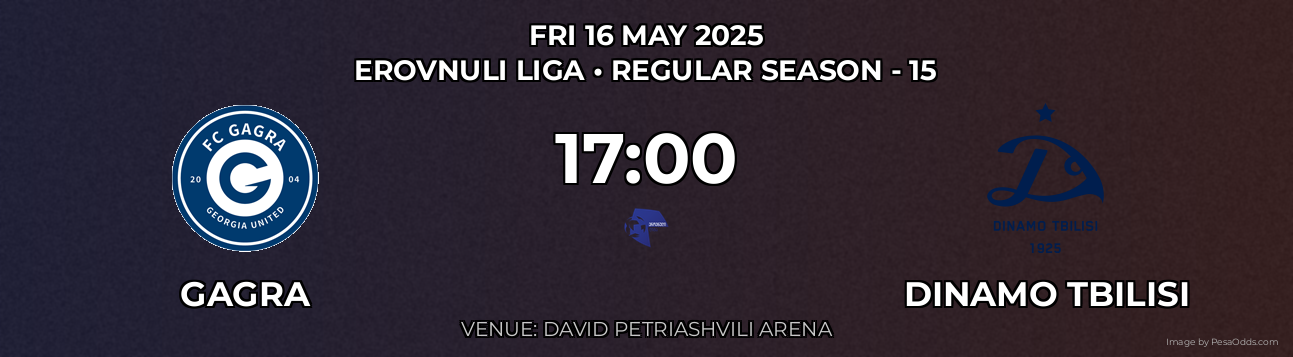 Gagra vs Dinamo Tbilisi Prediction match poster for Erovnuli Liga fixture on FRI 16 MAY 2025