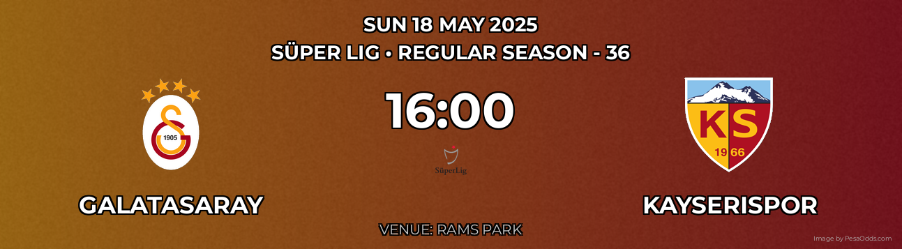 Galatasaray vs Kayserispor Prediction match poster for Süper Lig fixture on SUN 18 MAY 2025