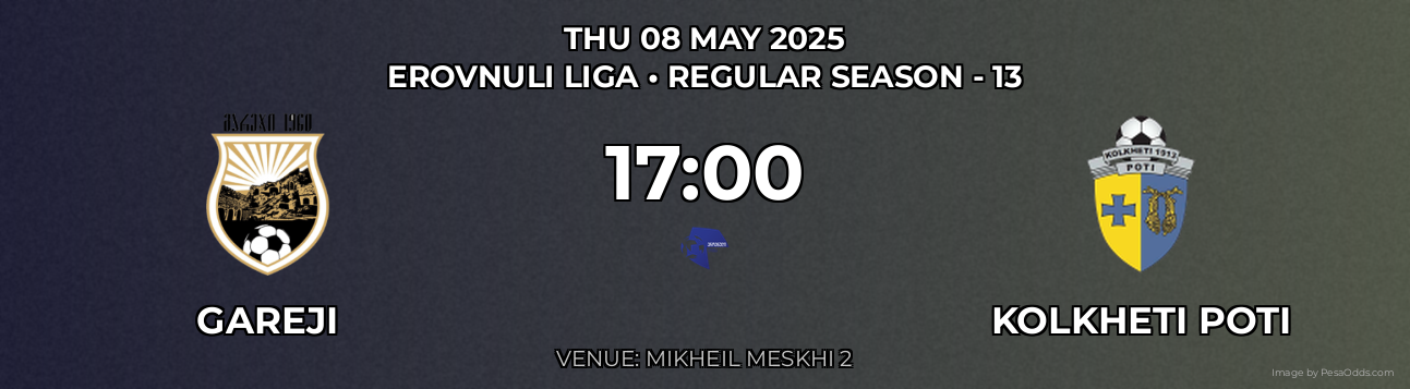 Gareji vs Kolkheti Poti Prediction match poster for Erovnuli Liga fixture on THU 08 MAY 2025