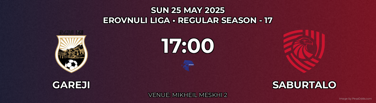 Gareji vs Saburtalo Prediction match poster for Erovnuli Liga fixture on SUN 25 MAY 2025