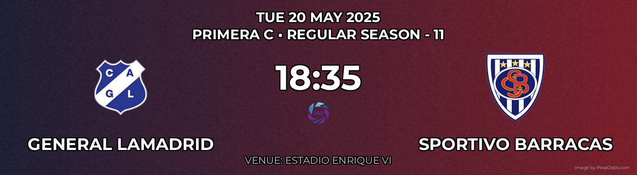 General Lamadrid vs Sportivo Barracas Prediction match poster for Primera C fixture on TUE 20 MAY 2025