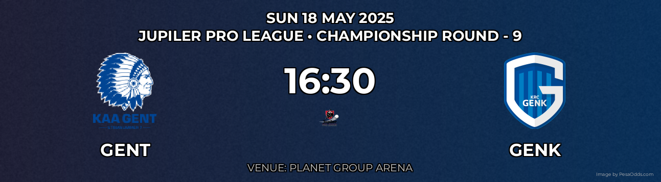 Gent vs Genk Prediction match poster for Jupiler Pro League fixture on SUN 18 MAY 2025