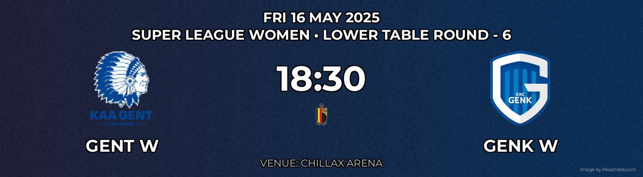 Gent W vs Genk W Prediction match poster for Super League Women fixture on FRI 16 MAY 2025