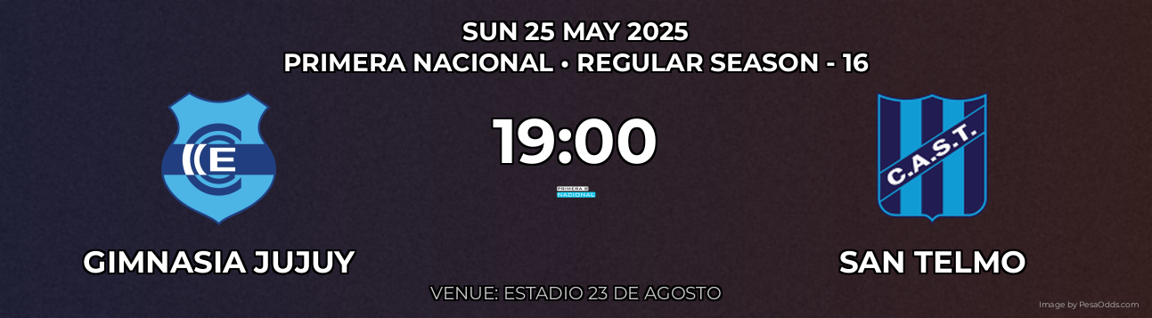 Gimnasia Jujuy vs San Telmo Prediction match poster for Primera Nacional fixture on SUN 25 MAY 2025
