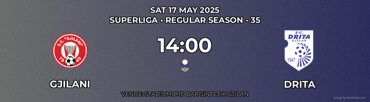Gjilani vs Drita Prediction match poster for Superliga fixture on SAT 17 MAY 2025