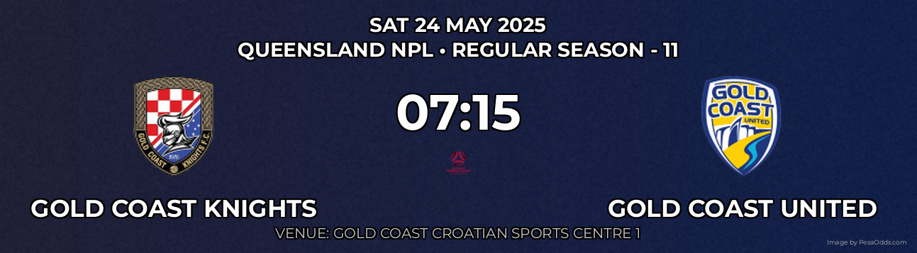 Gold Coast Knights vs Gold Coast United Prediction match poster for Queensland NPL fixture on SAT 24 MAY 2025