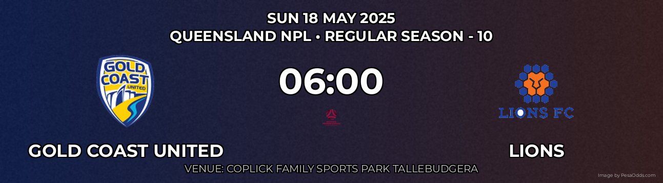 Gold Coast United vs Lions Prediction match poster for Queensland NPL fixture on SUN 18 MAY 2025