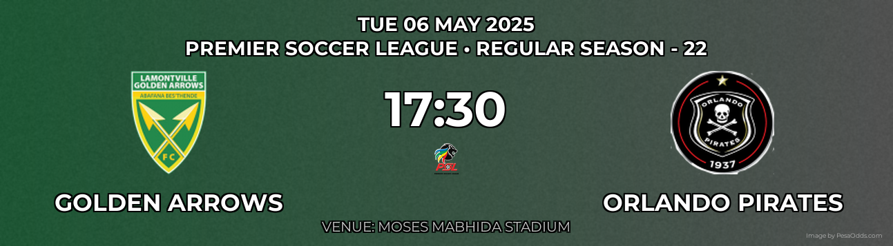 Golden Arrows vs Orlando Pirates Prediction match poster for Premier Soccer League fixture on TUE 06 MAY 2025