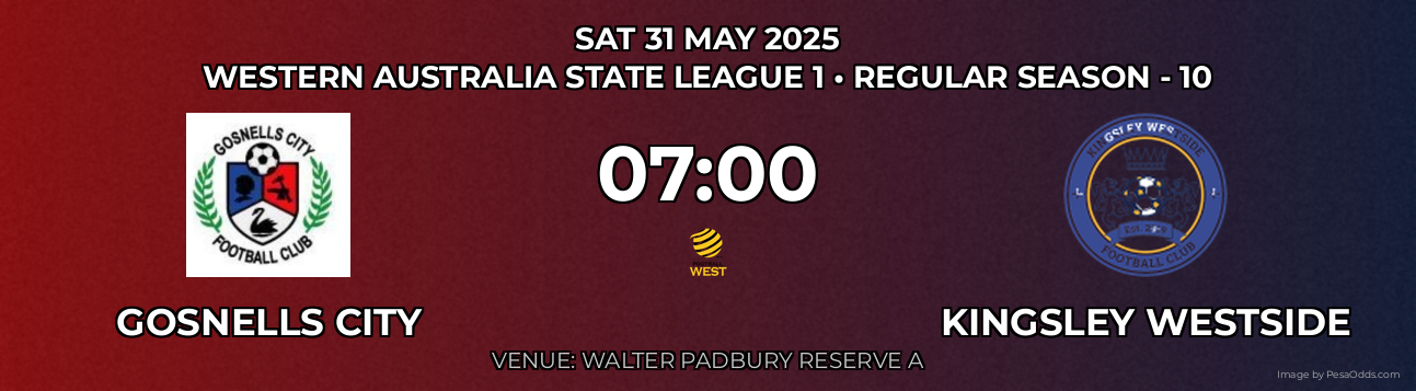 Gosnells City vs Kingsley Westside Prediction match poster for Western Australia State League 1 fixture on SAT 31 MAY 2025