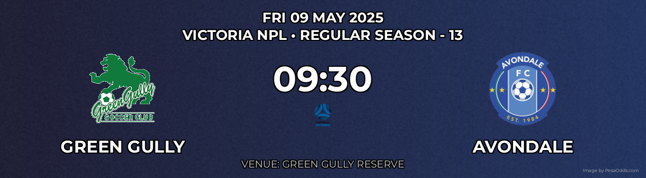 Green Gully vs Avondale Prediction match poster for Victoria NPL fixture on FRI 09 MAY 2025